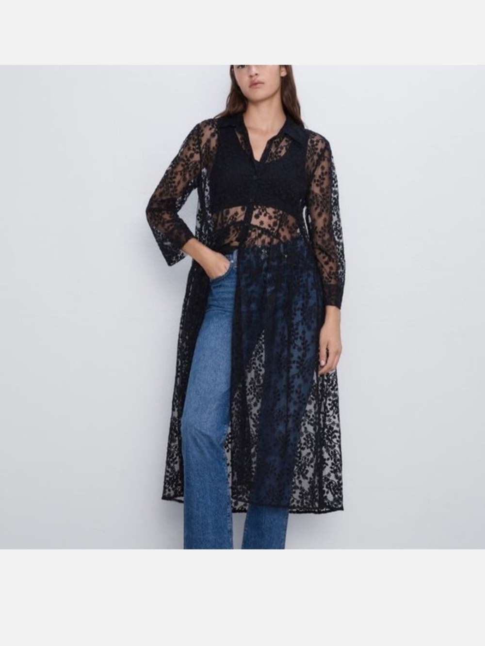 Zara Black Floral Lace Overlay Duster Jacket